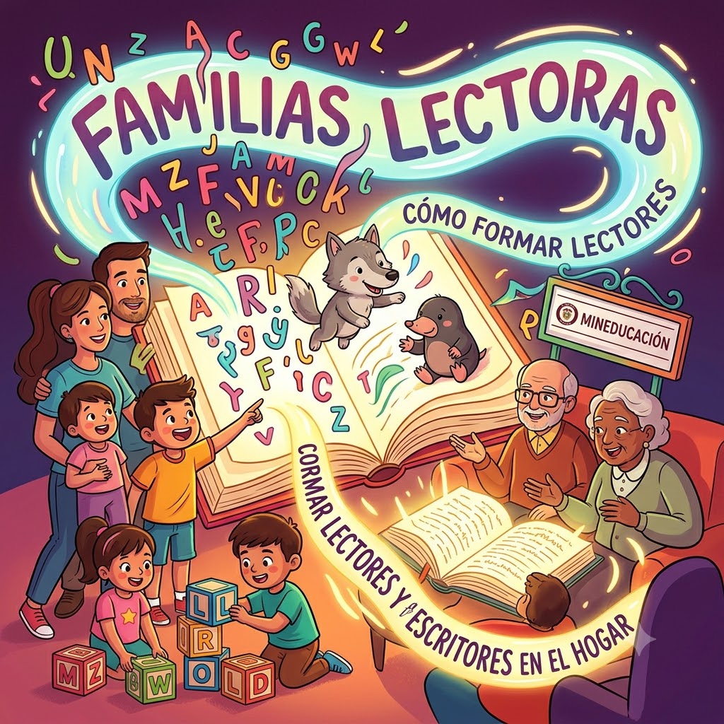 Ilustración "Familias Lectoras: Cómo formar lectores". Un libro mágico y luminoso está en el centro. De él salen coloridas letras, un lobo y un topo. A la izquierda, una familia joven; a la derecha, abuelos leyendo. Abajo, niños arman palabras con cubos de letras.
