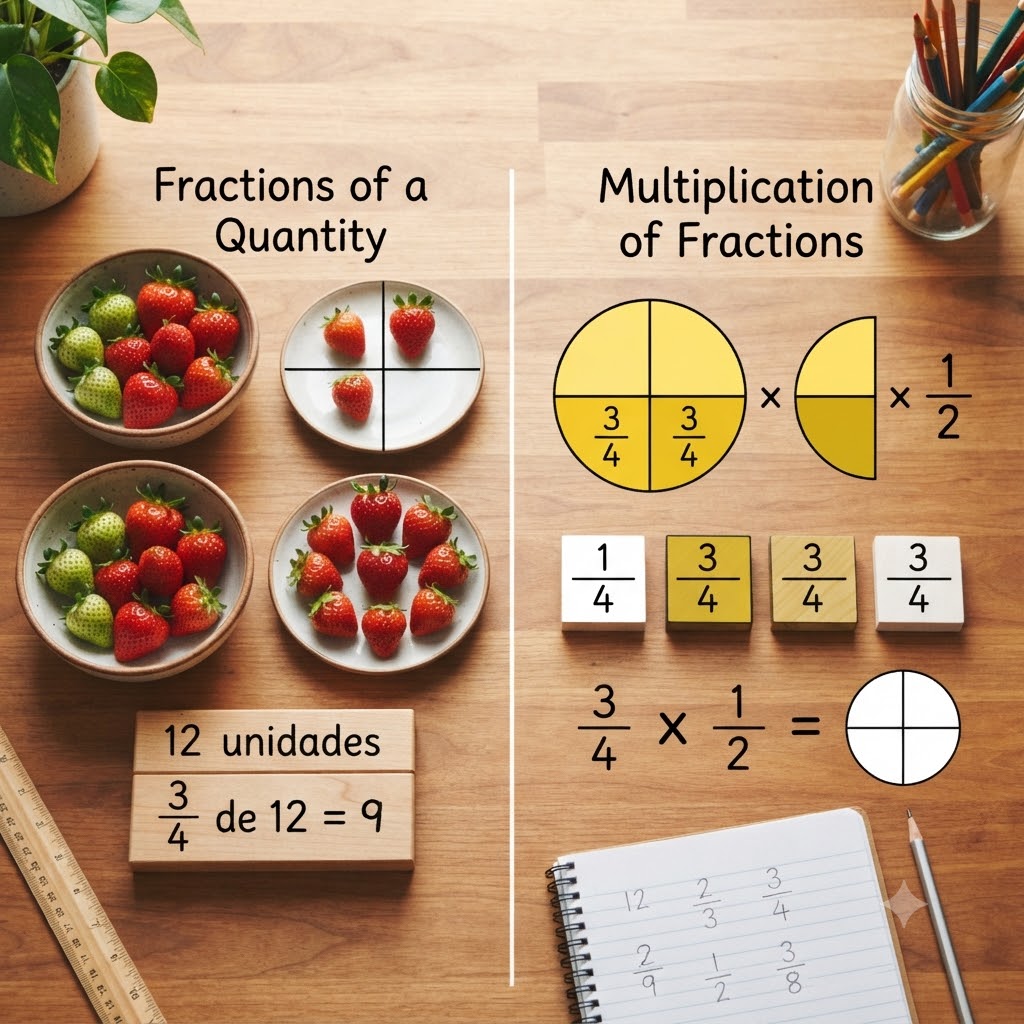 La imagen enseña fracciones sobre una mesa de madera. A la izquierda, muestra fresas en boles para explicar "fracciones de una cantidad". A la derecha, usa gráficos de quesitos y bloques numéricos para ilustrar la "multiplicación de fracciones". Abajo, incluye una operación resuelta y un cuaderno con ejercicios escritos.
