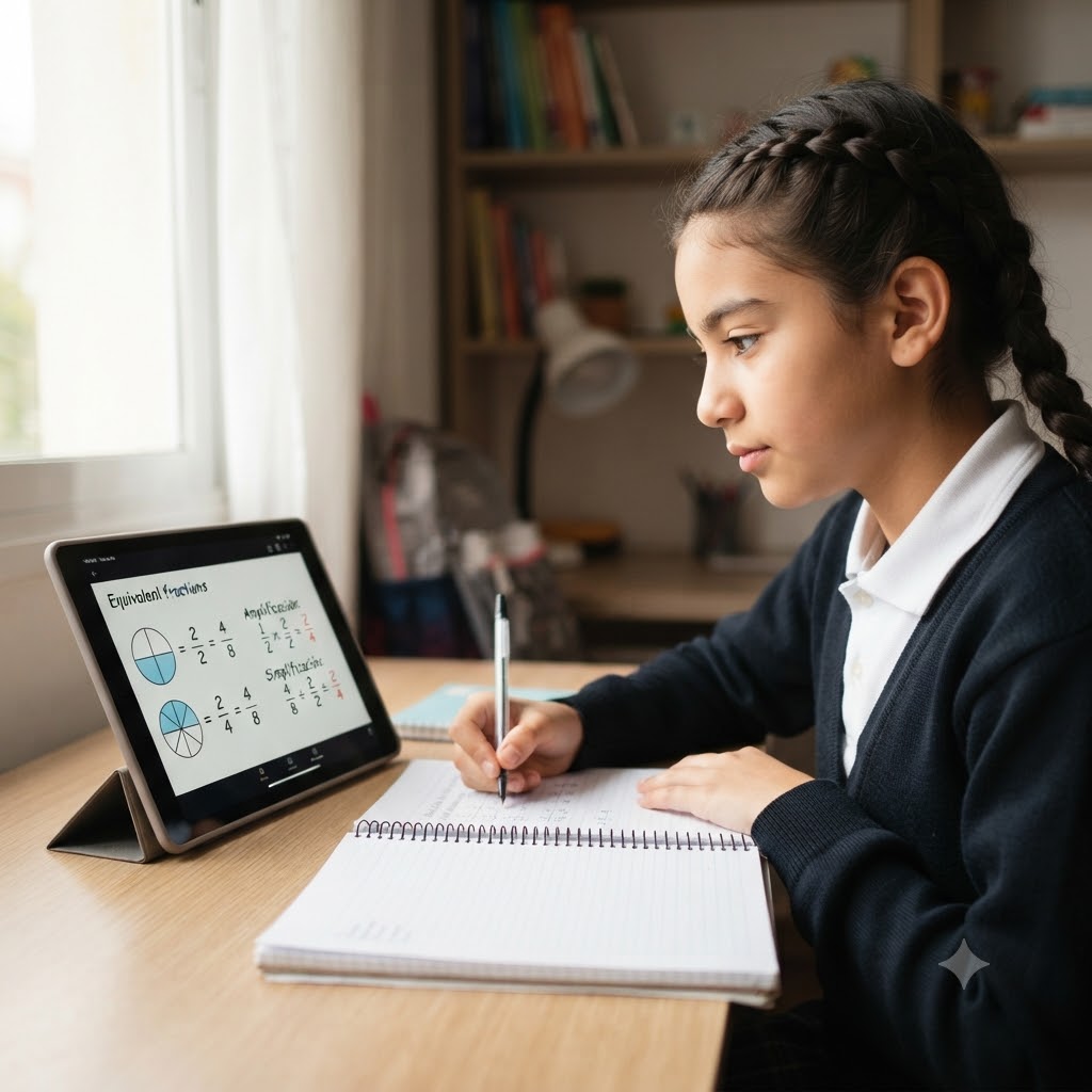 Una estudiante, con trenzas y uniforme, escribe en un cuaderno sobre una mesa. A su izquierda, una tableta muestra un gráfico con diagramas circulares y ecuaciones matemáticas sobre fracciones equivalentes en inglés y español, incluyendo los términos "Amplificación" y "Simplificación". Al fondo, se ve una ventana y una estantería.