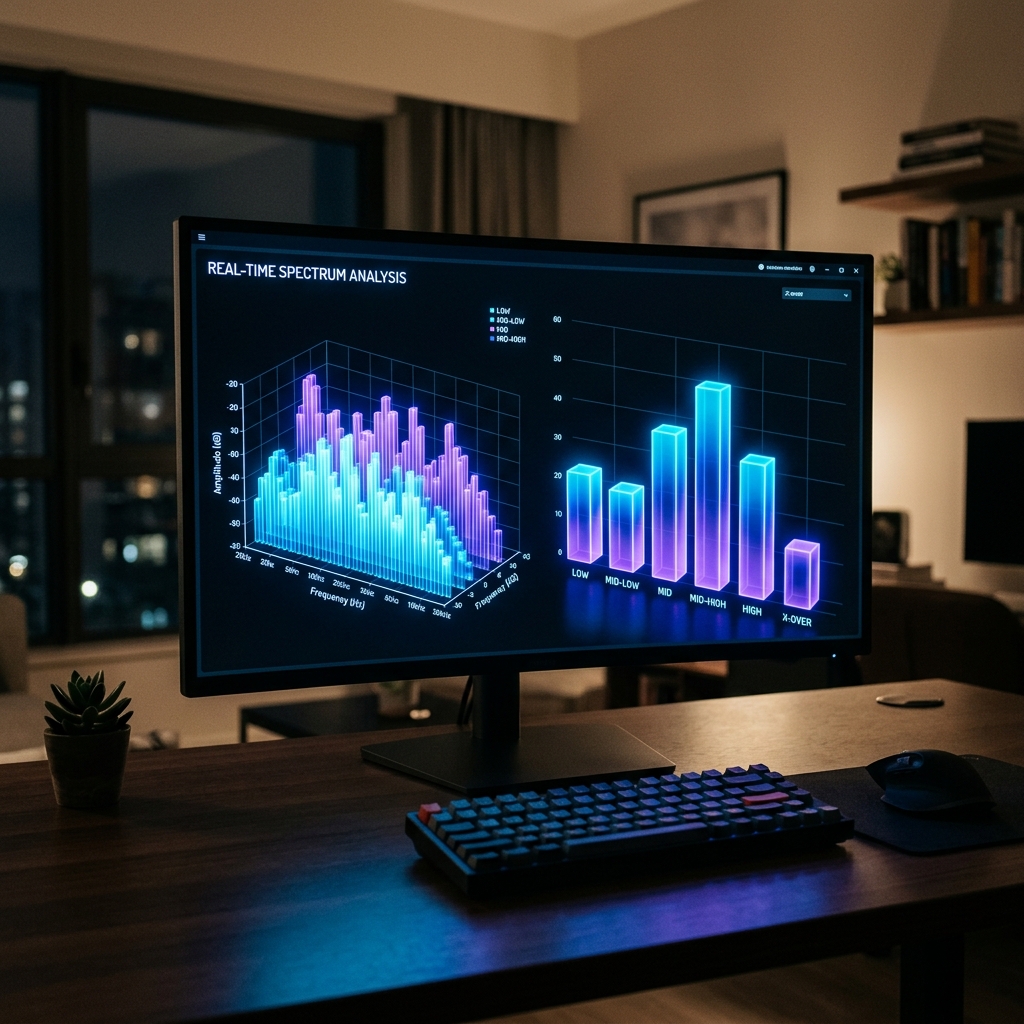 Monitor de computadora en un escritorio que muestra un histograma interactivo y un gráfico de barras digitales con barras 3D brillantes en azul neón y violeta. La iluminación del espacio de trabajo es suave, creando reflejos realistas en la pantalla.