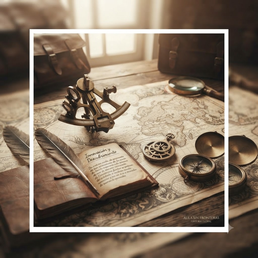 Primer plano de un mapa antiguo sobre una mesa de madera con objetos de navegación: un sextante, una brújula abierta, una lupa y un libro de cuero con una pluma. El libro tiene el título "Innovación y Descubrimiento". En la esquina inferior derecha se lee "AULA SIN FRONTERAS". Formato cuadrado con efecto de marco.