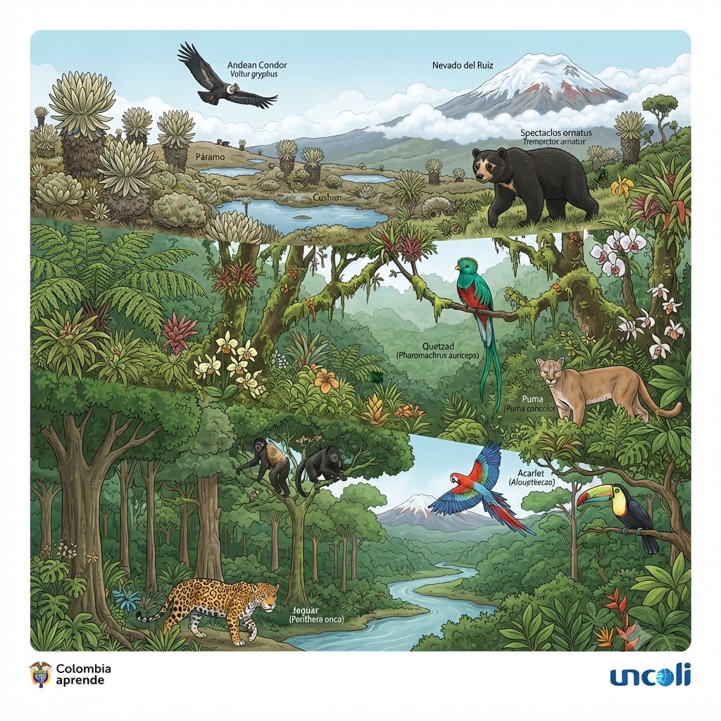 Ilustración cuadrada de ecosistemas de Colombia. Muestra tres niveles: páramo nevado con cóndor y oso de anteojos, bosque andino con quetzal y puma, y selva tropical con jaguar, guacamaya, tucán y río.