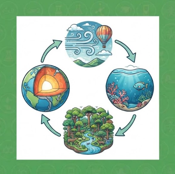 Imagen con borde verde que muestra un diagrama circular con cuatro esferas interconectadas por flechas. Representa sistemas naturales o capas terrestres de ciencias naturales para séptimo grado.