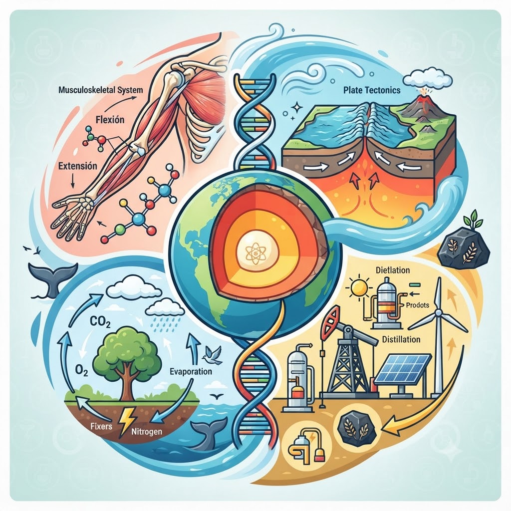 Imagen cuadrada con diseño educativo de ciencias naturales. En el centro, la Tierra dividida en capas y una estructura de ADN. Alrededor muestra anatomía humana, placas tectónicas, el ciclo del agua, bosques y energías renovables. Estilo ilustrado y colorido.