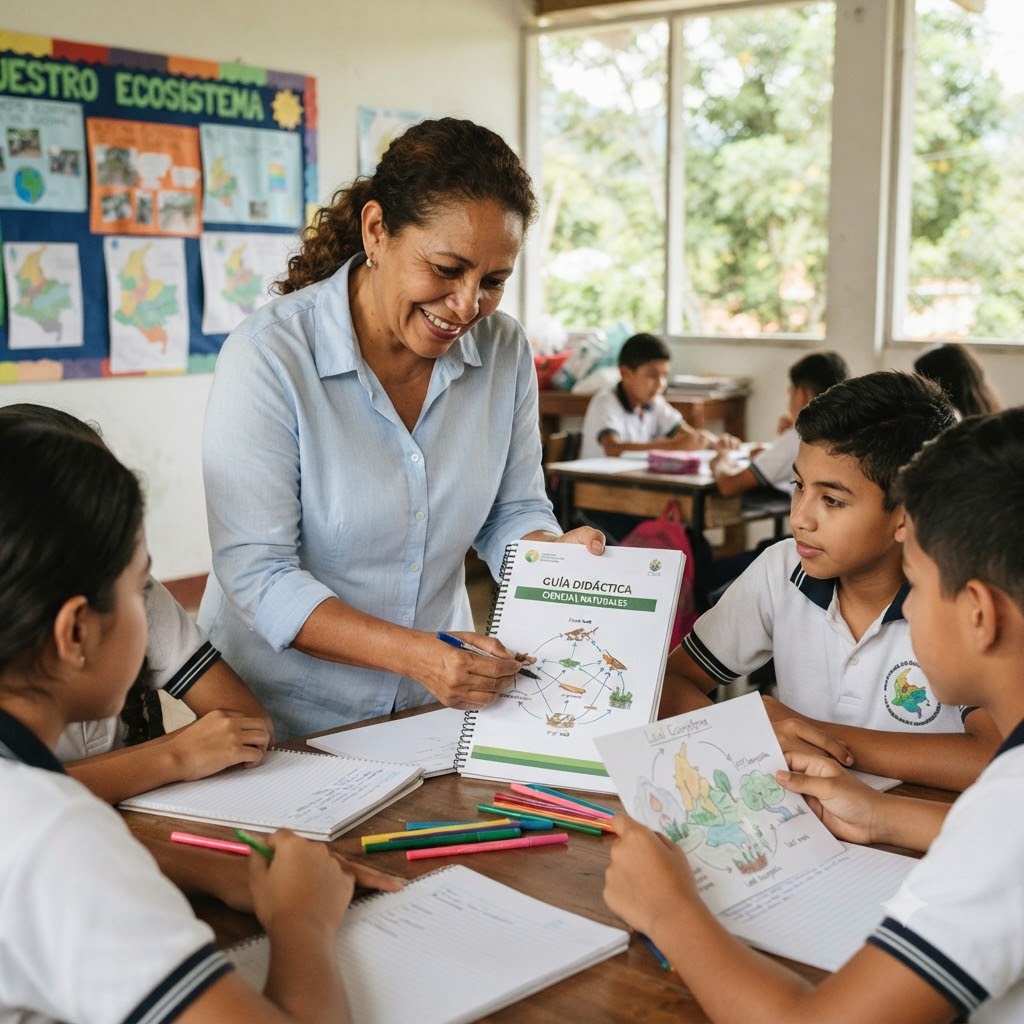 En un aula, una maestra sonriente explica un diagrama de cadena trófica en una "GUÍA DIDÁCTICA" a tres estudiantes sentados a una mesa con cuadernos y lápices de colores. Al fondo hay carteles educativos sobre ecosistemas y mapas de Colombia. Iluminación natural.