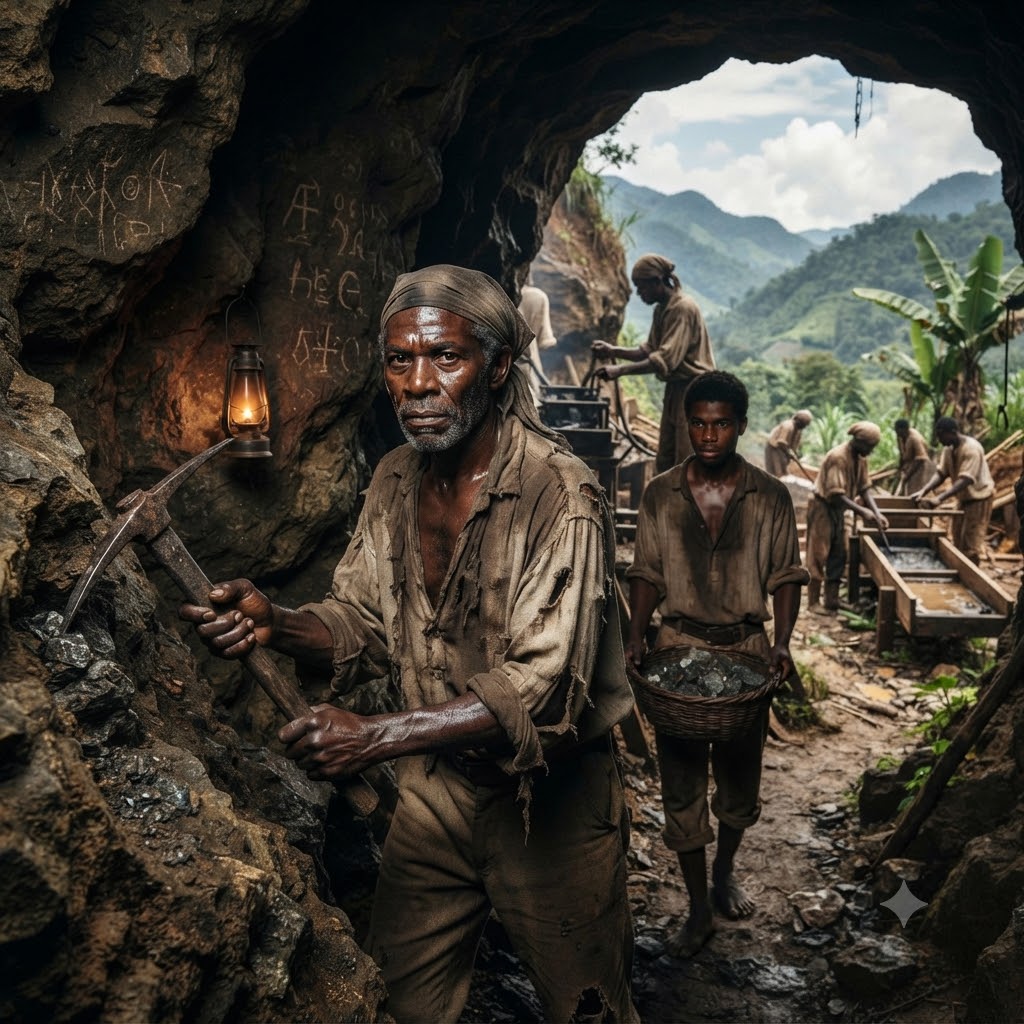 Primer plano de minero afrodescendiente con pico y lámpara de aceite en socavón oscuro con grabados en la pared. Al fondo, otros esclavizados lavando oro en bateas con vista a montañas tropicales. Atmósfera de dureza y trabajo forzado.