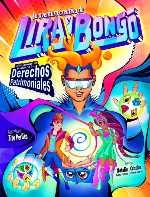 Ilustración tipo cómic de Lira y Bongó como superhéroes, explorando los derechos patrimoniales en una aventura colorida y creativa.