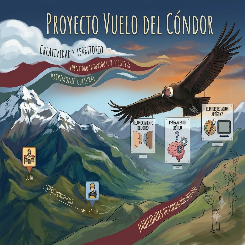 Un cóndor vuela sobre montañas nevadas. El título es "Proyecto Vuelo del Cóndor". Muestra iconos conectados por el paisaje: escuelas en Cota y Ubaque, un cerebro (pensamiento crítico), rostros (reconocimiento) y herramientas de arte. Niños dibujan al fondo.