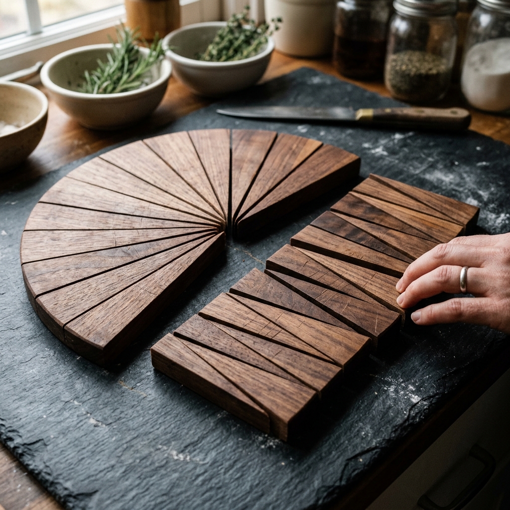 Fotografía de primer plano de una tabla de madera circular sobre una barra de pizarra, dividida en sectores triangulares delgados. Uno de los sectores está ligeramente desplazado hacia afuera, ilustrando de forma práctica la división del círculo. Iluminación suave y texturas naturales.