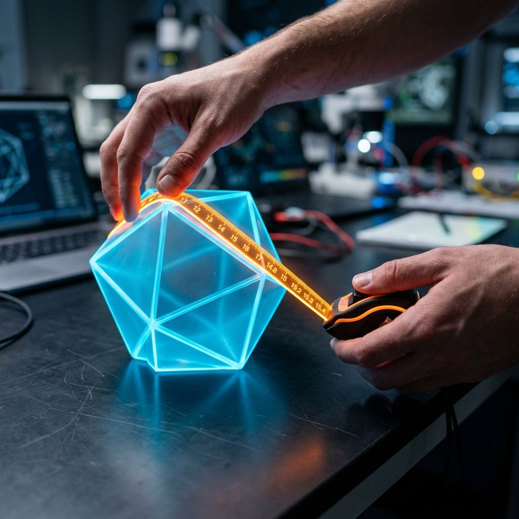 Primer plano de manos midiendo el contorno iluminado de una figura geométrica tridimensional sobre un escritorio moderno. Una cinta métrica brillante resalta el perímetro de la figura en un ambiente tecnológico y dinámico.