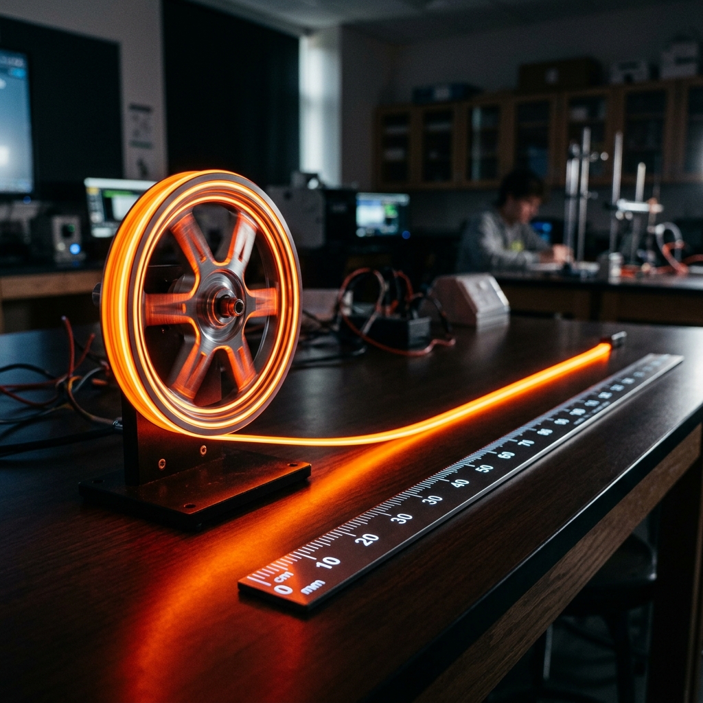 Rueda metálica brillante girando sobre una mesa oscura. Su borde se desenrolla en una línea de luz naranja brillante junto a una regla digital iluminada, mostrando cómo el perímetro del círculo se convierte en una longitud recta. Entorno tecnológico con luz lateral enfocada.