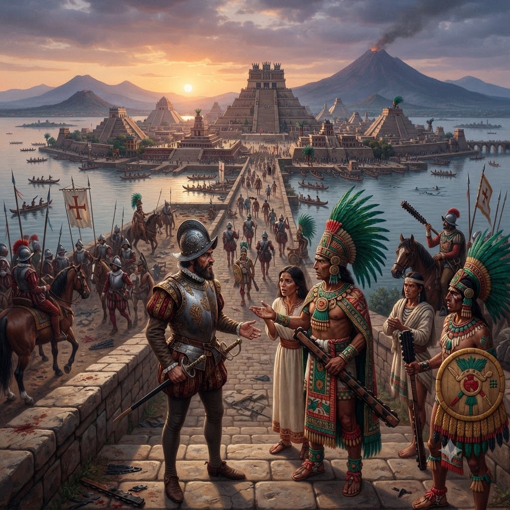 Ilustración realista de la llegada de Cortés a Tenochtitlán. En primer plano, el conquistador dialoga con un líder mexica y la Malinche sobre una calzada. Detrás, el ejército español y guerreros mexicas. Al fondo, la gran ciudad lacustre, pirámides y volcanes al atardecer.