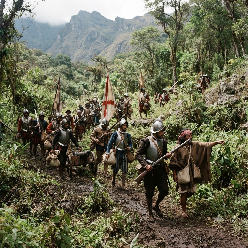 Recreación histórica de una expedición colonial española. Un grupo de soldados con armaduras y mosquetes avanza por un sendero de montaña. Guían a un pequeño cañón. Un guía local con poncho indígena camina al frente indicando la ruta. Al fondo, montañas boscosas.