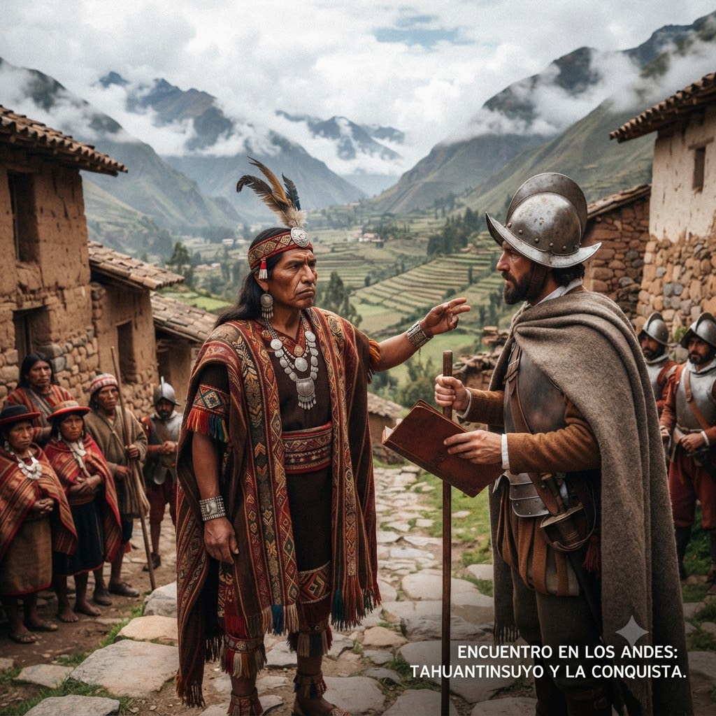 Imagen histórica realista. Un líder inca con atuendo tradicional y collar de plata se enfrenta a un conquistador español con armadura y morrión. Detrás, un pueblo andino y andenes de cultivo en un valle montañoso. Soldados españoles observan. Incluye el texto "ENCUENTRO EN LOS ANDES".