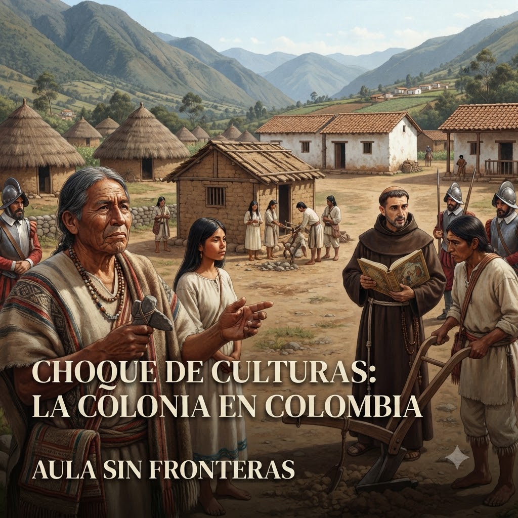 Ilustración de un encuentro colonial en un valle andino. En primer plano, un líder indígena con herramientas de piedra y una mujer miran a un fraile franciscano con un libro y soldados españoles. Detrás, un poblado con bohíos y casas de adobe representa el choque cultural. Texto: 'CHOQUE DE CULTURAS: LA COLONIA EN COLOMBIA' y 'AULA SIN FRONTERAS'.