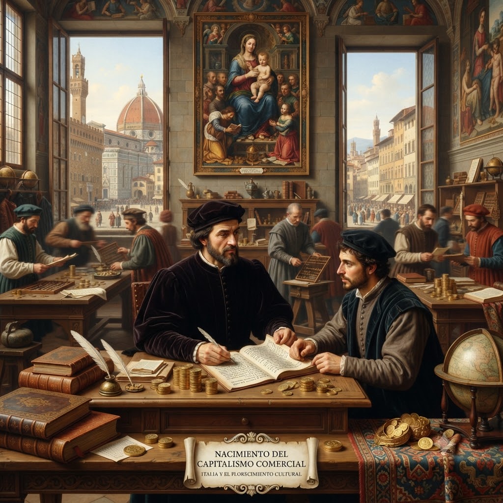 Interior renacentista de Florencia con banqueros trabajando en un escritorio con libros de cuentas y monedas de oro. Al fondo, vistas a la ciudad con la cúpula de la catedral y el Palazzo Vecchio. En la pared cuelga una pintura religiosa. Incluye un pergamino con el texto "NACIMIENTO DEL CAPITALISMO COMERCIAL".