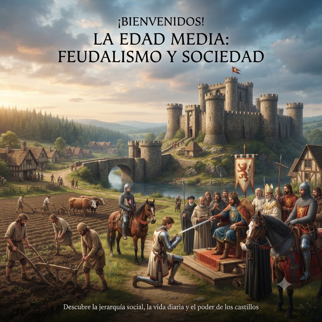 Ilustración detallada de la sociedad feudal. En primer plano, un caballero es armado caballero por un rey, rodeado de clérigos y nobles a caballo. Al fondo, campesinos trabajan la tierra junto a una aldea y un imponente castillo sobre una colina. Texto superior: "¡BIENVENIDOS! LA EDAD MEDIA: FEUDALISMO Y SOCIEDAD". Inferior: "Descubre la jerarquía social, la vida diaria y el poder de los castillos".