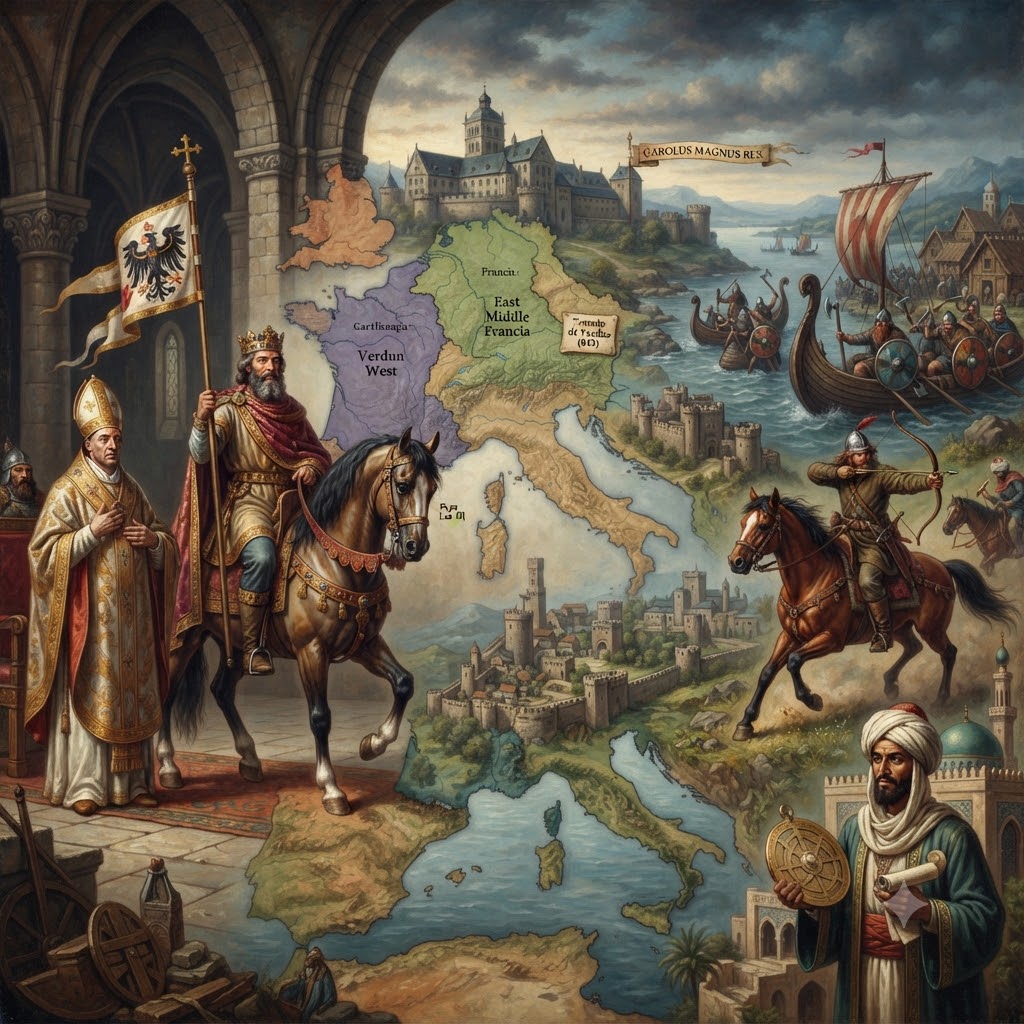 Ilustración histórica sobre la Europa medieval. Muestra un mapa del Imperio Carolingio dividido (Verdun West, Middle, East Francia). A la izquierda, Carlomagno a caballo y el Papa. A la derecha, un guerrero húngaro, barcos vikingos atacando y un erudito musulmán con un astrolabio en el sur. Incluye inscripciones latinas y texto de las divisiones territoriales.