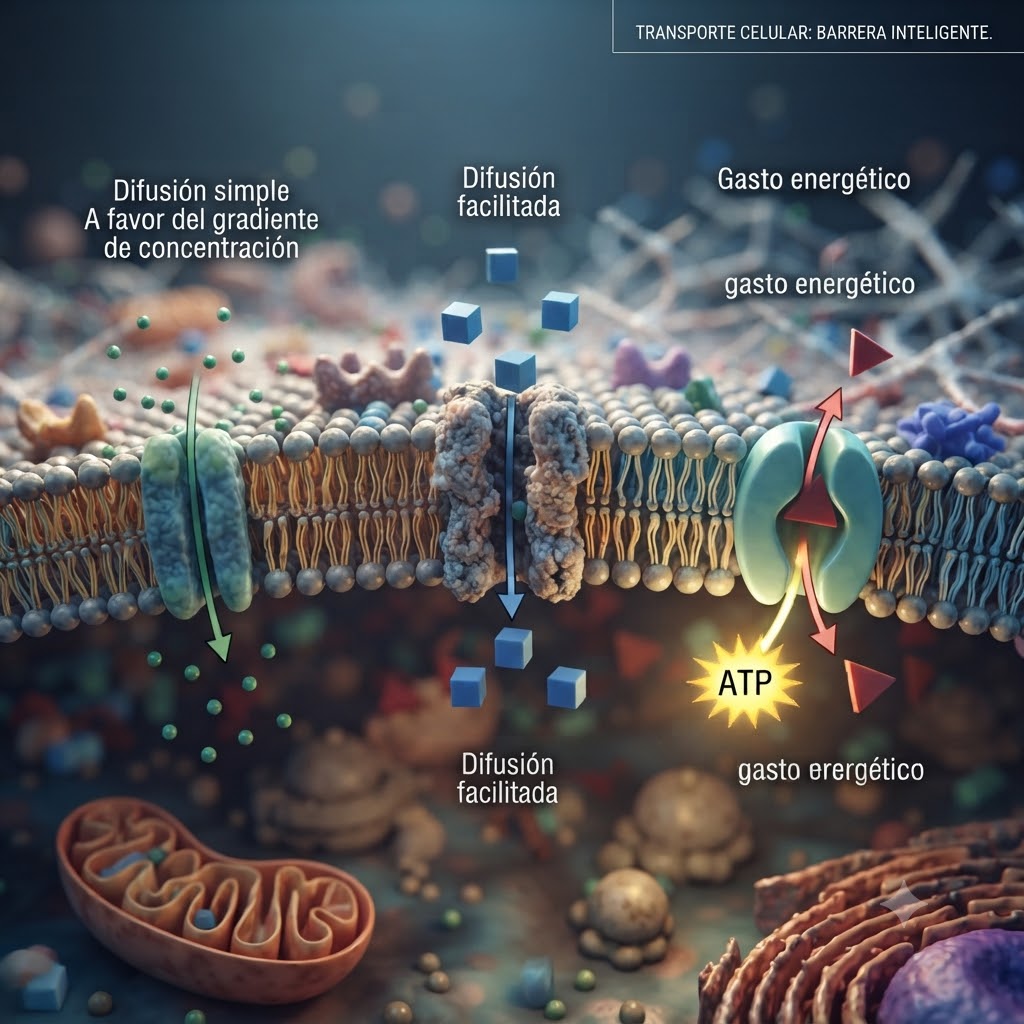 Visualización 3D de una membrana celular. Muestra tres mecanismos de transporte: difusión simple (partículas verdes), difusión facilitada (cubos azules por canal proteico) y transporte activo (triángulos rojos por bomba de ATP). Incluye mitocondrias y retículo endoplasmático. Texto superior: "TRANSPORTE CELULAR: BARRERA INTELIGENTE". Etiquetas detalladas en español.