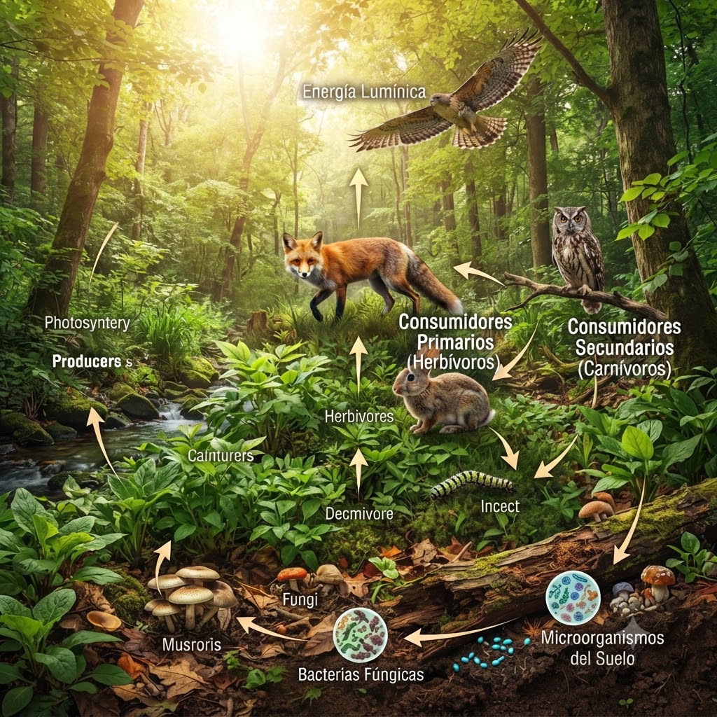Diagrama del ciclo de nutrientes y energía en un ecosistema forestal. Muestra productores, consumidores primarios y secundarios (zorro, búho, halcón, conejo, insectos), y descomponedores (hongos, bacterias). Flechas blancas indican el flujo de energía desde la luz solar hasta la descomposición. Con etiquetas de texto en español.