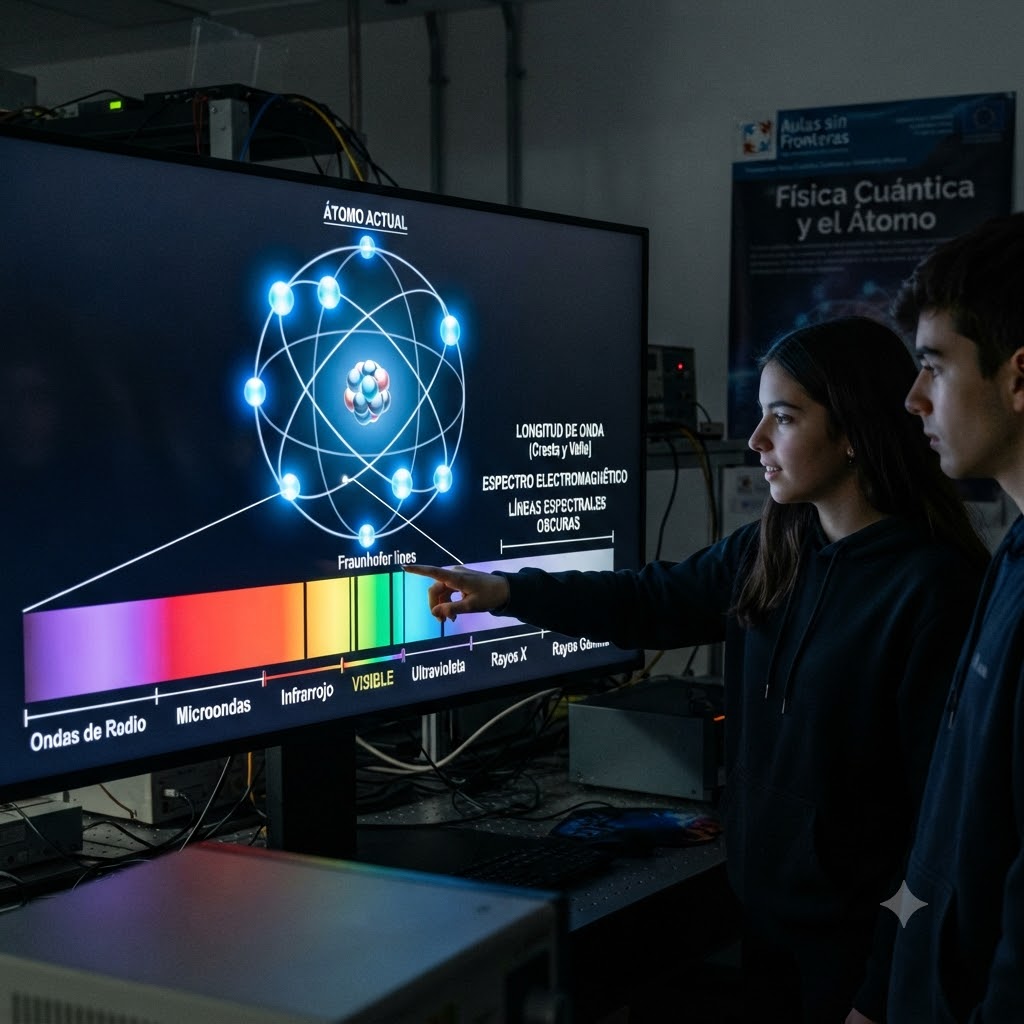 Dos estudiantes observan una pantalla interactiva mostrando un modelo atómico y el espectro electromagnético, con etiquetas en español para las regiones espectrales y la estructura del átomo. Fondo de laboratorio y un cartel de "Física Cuántica" visible.