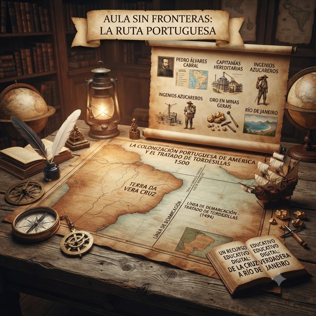 Imagen histórica de escritorio. Contiene un mapa central sobre el Tratado de Tordesillas y la colonización portuguesa. Un pergamino vertical muestra hitos: Cabral, Capitanías, Ingenios Azucareros, Minas Gerais y Río de Janeiro. Incluye globos terráqueos, brújula, astrolabio, lámpara y un barco.