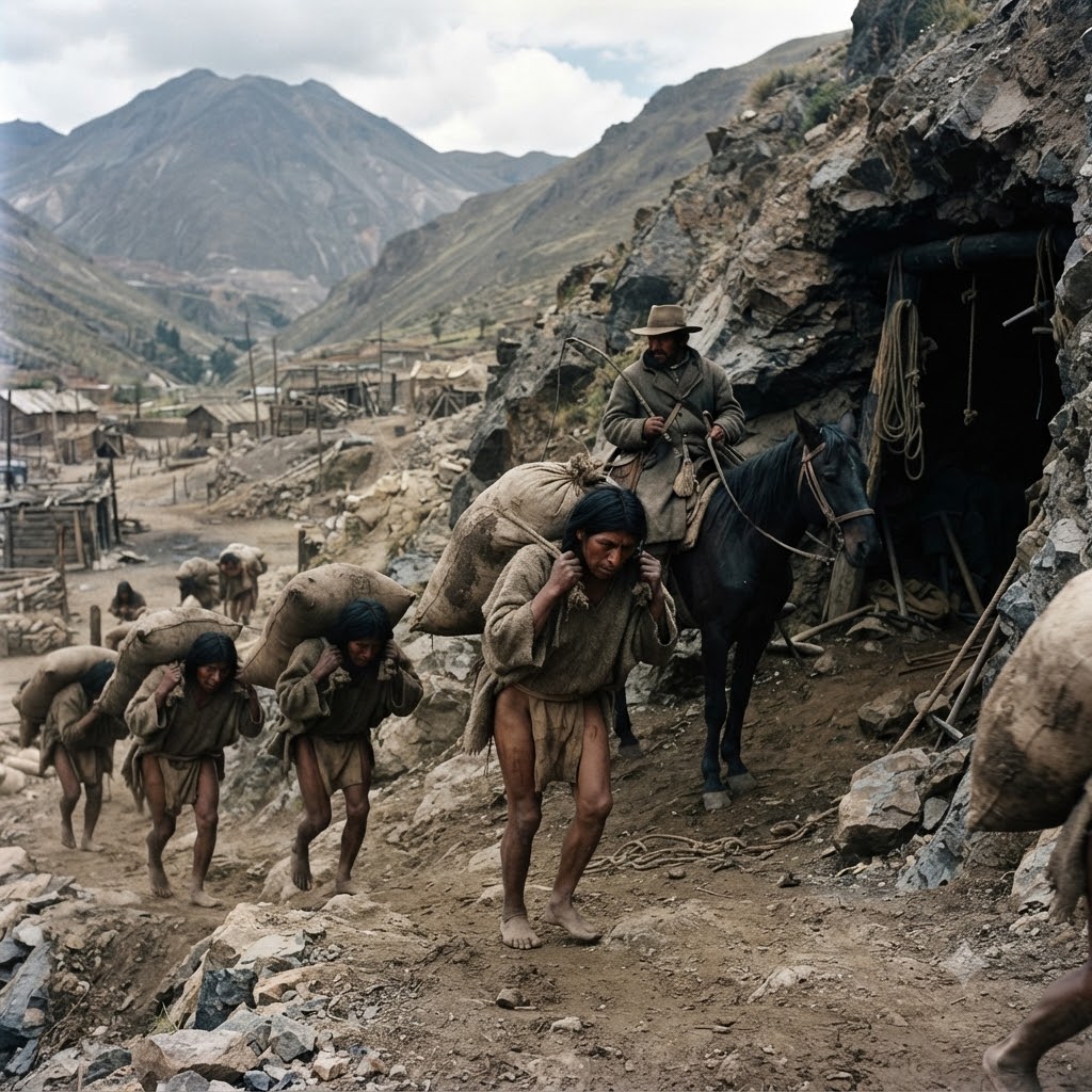 Escena realista en un asentamiento minero andino colonial. Un capataz español a caballo observa a indígenas semidesnudos y descalzos cargando pesados sacos de mineral desde una mina. Al fondo, un campamento de chozas y montañas áridas bajo un cielo nublado. Muestra la mita.