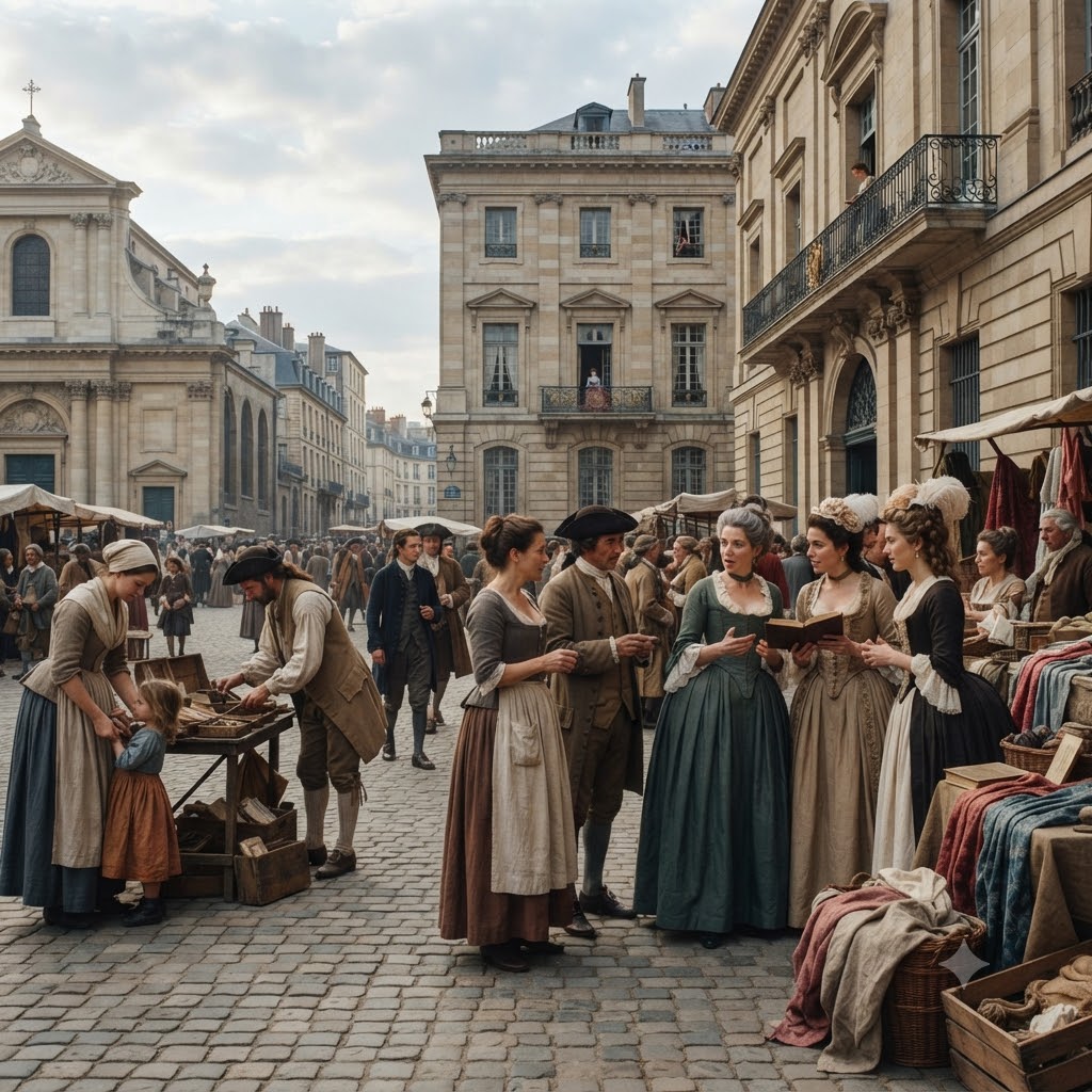 Escena histórica en una plaza europea adoquinada concurrida. A la izquierda, una madre y su hija observan un puesto de venta de madera. En el centro, una mujer conversa con una pareja burguesa y otra mujer lee un libro. Al fondo, arquitectura clásica y gente paseando.