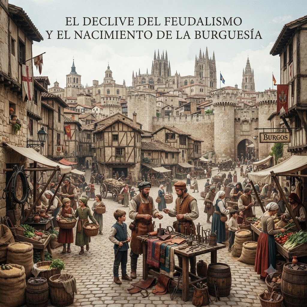 Ilustración realista de una animada feria medieval en una ciudad amurallada con catedral al fondo. En primer plano, dos comerciantes negocian en un puesto de artesanía y alimentos, rodeados de aldeanos y niños. Texto superior: "EL DECLIVE DEL FEUDALISMO Y EL NACIMIENTO DE LA BURGUESÍA".