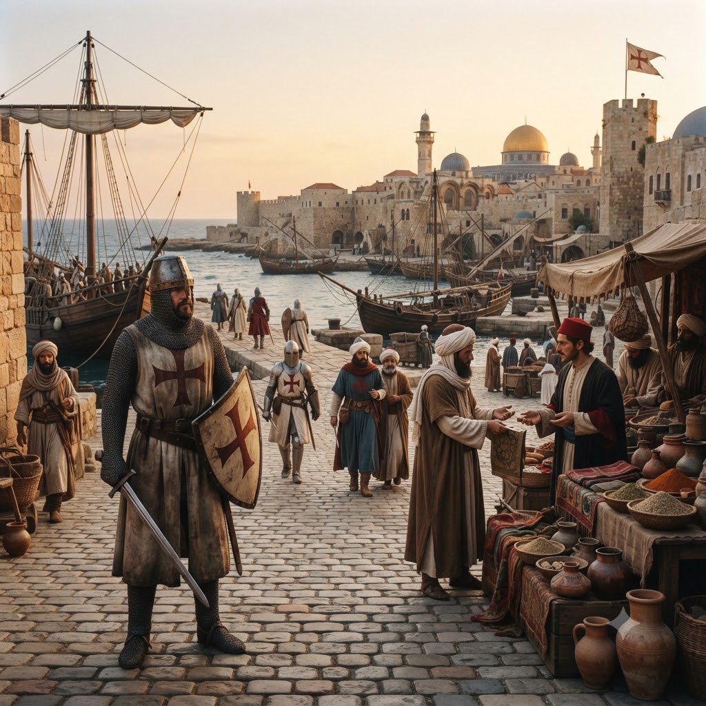 Puerto medieval concurrido en Tierra Santa. Un cruzado en primer plano sostiene una espada y un escudo. Detrás, en el mercado, comerciantes locales y otros cruzados interactúan. Al fondo, una ciudad amurallada con barcos en el mar y la Cúpula de la Roca.