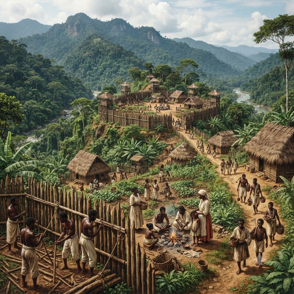 Vista panorámica de un palenque cimarrón en zona montañosa. En primer plano, hombres construyen una empalizada de madera. Familias interactúan alrededor de una hoguera, mientras otros cultivan y caminan. Al fondo, se alza una fortaleza fortificada con torres de vigilancia rodeada de selva y ríos. Estilo realista detallado.