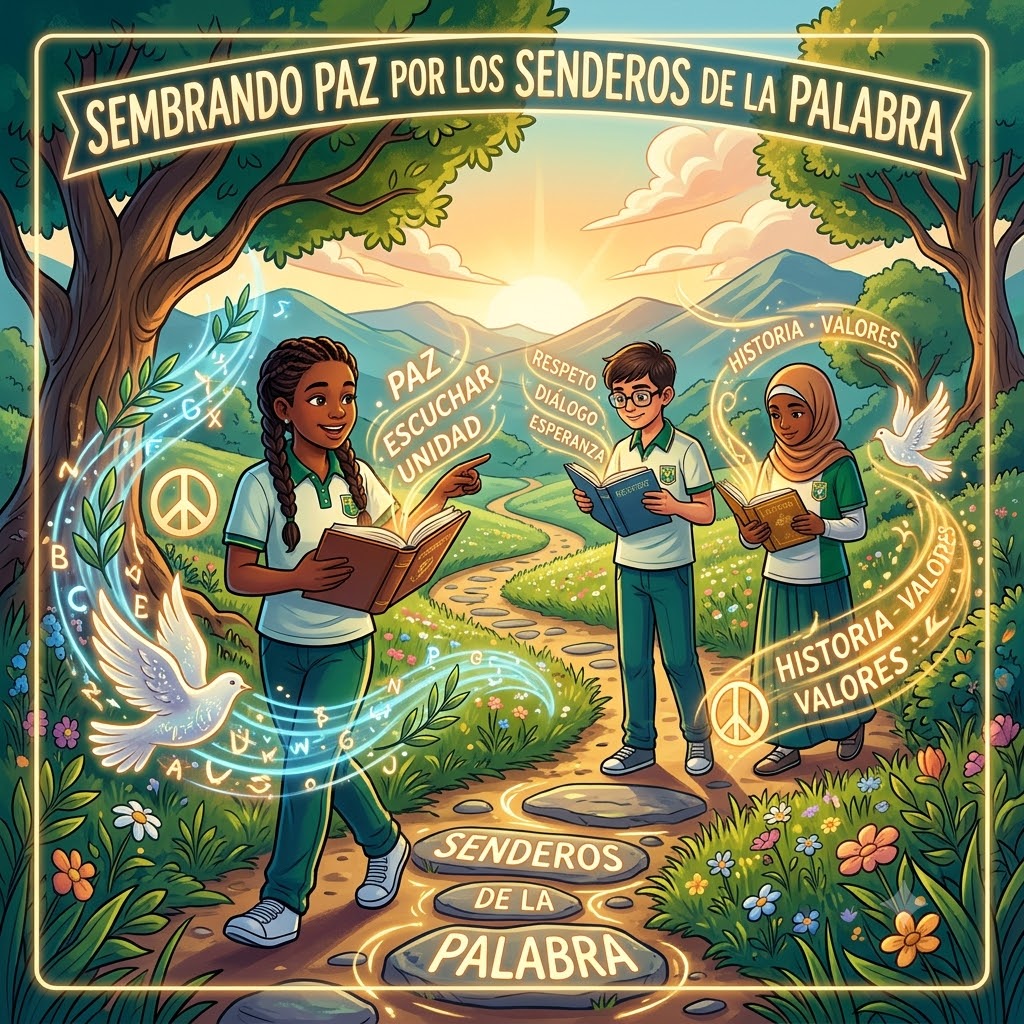 Tres estudiantes de uniforme leen en un camino de piedra en un paisaje natural. Las piedras dicen "SENDEROS DE LA PALABRA". Las palabras brillantes "PAZ, ESCUCHAR, UNIDAD," "RESPETO, DIÁLOGO, ESPERANZA," e "HISTORIA, VALORES" flotan desde sus libros. Palomas de paz y símbolos. Sol naciente sobre montañas.
