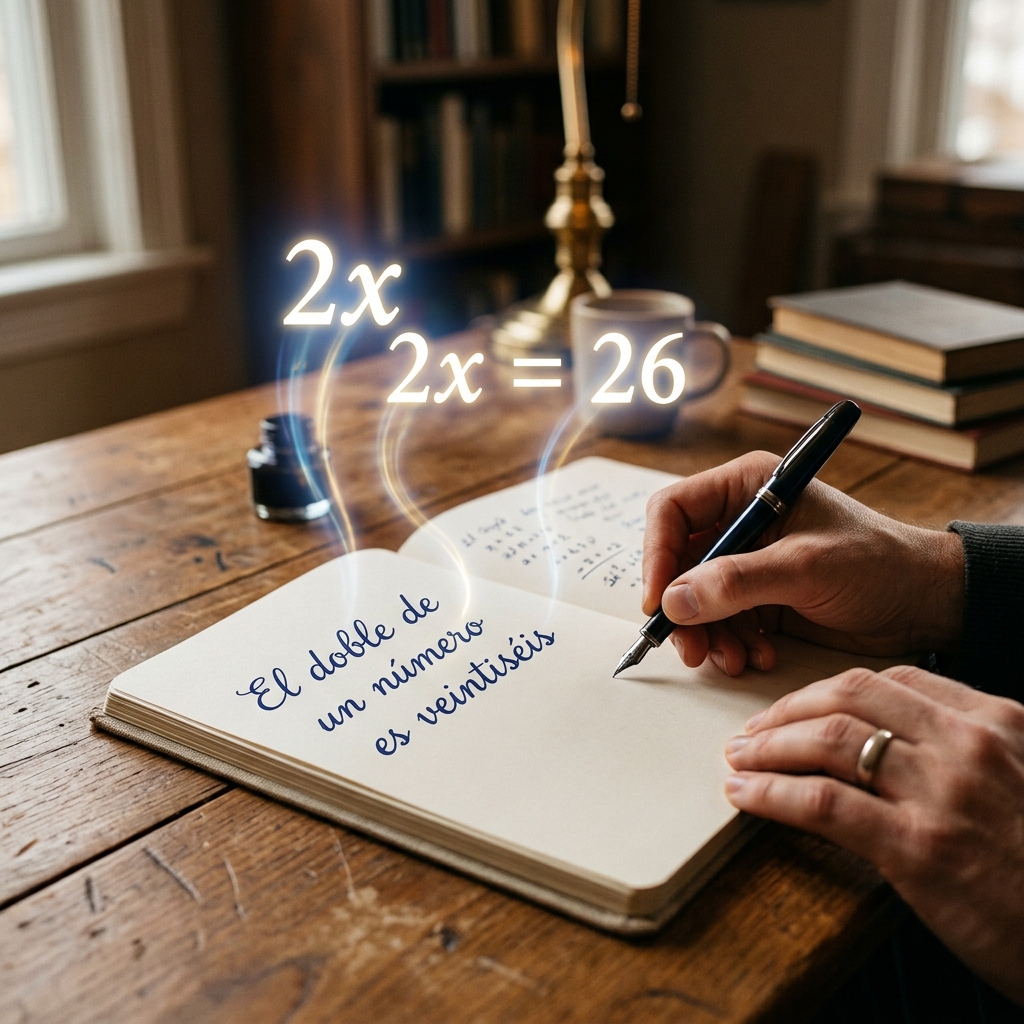 Mano escribe en libreta sobre escritorio. De las palabras en español escritas brotan símbolos matemáticos tridimensionales y brillantes como 'x', '+' y 'y' que flotan en el aire de forma dinámica. Iluminación cálida de estudio y fondo difuminado.