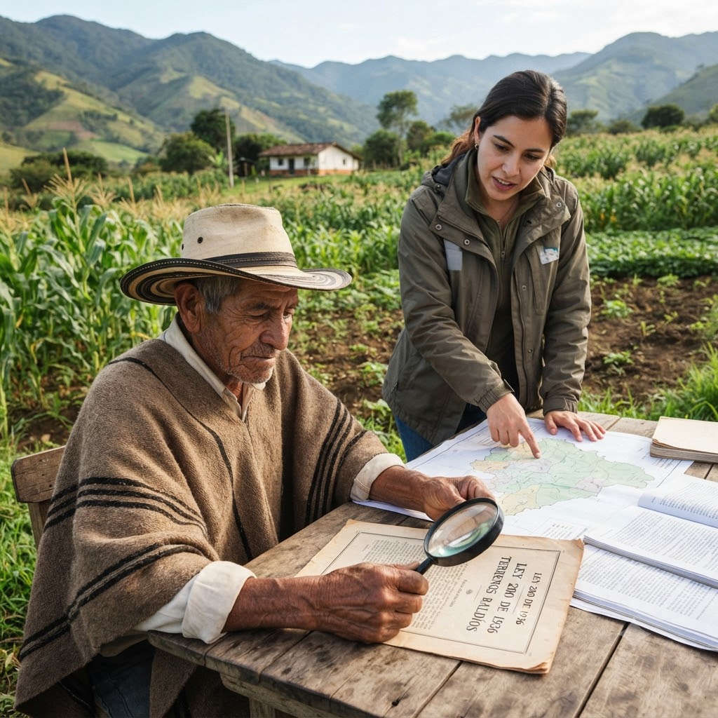 En un campo de cultivo con montañas de fondo, un campesino mayor con sombrero y ruana usa una lupa para leer un documento que dice "LEY 200 DE 1936 TERRENOS BALDÍOS". A su lado, una mujer de chaqueta verde señala un mapa sobre una mesa de madera. Elementos clave: agricultura, documentos legales, mapa.