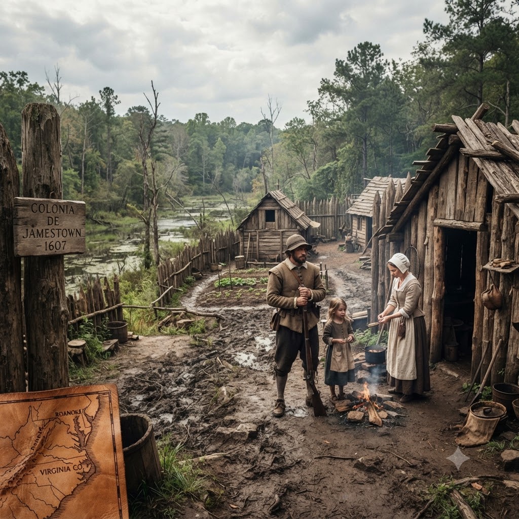 Recreación realista de Jamestown en 1607. Muestra a una familia de colonos ingleses cocinando en un entorno pantanoso y boscoso. Incluye un poste con un letrero de madera y un mapa antiguo superpuesto en la esquina inferior izquierda. Estilo histórico detallado.