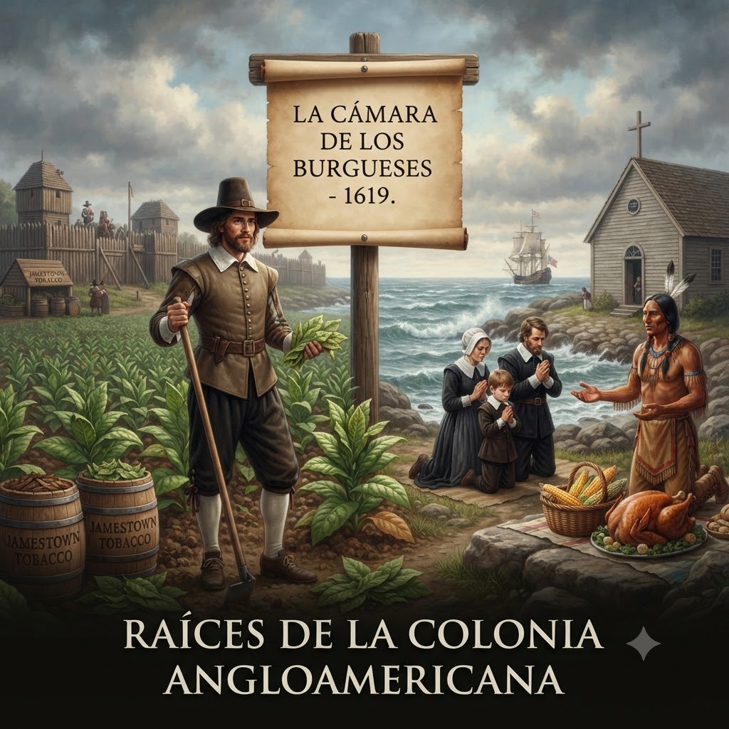 Ilustración histórica de la colonia angloamericana. Un colono en un campo de tabaco y barriles con el texto "JAMESTOWN TOBACCO" a la izquierda. A la derecha, una familia de peregrinos ora frente a un nativo americano y una ofrenda de alimentos. Un letrero central lee "LA CÁMARA DE LOS BURGUESES - 1619." y la base dice "RAÍCES DE LA COLONIA ANGLOAMERICANA". Fondo de mar y cielo nublado.