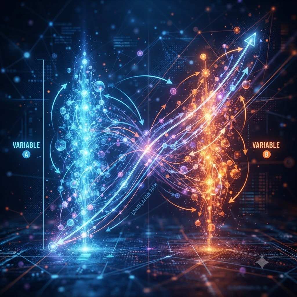 Visualización abstracta y dinámica de datos. Dos columnas de energía, una azul (Variable A) y otra naranja (Variable B), se entrelazan formando una figura de infinito. Flechas y líneas indican una trayectoria de correlación entre ambas sobre una red de fondo tecnológica. Minimalista, con texto claro y legible.