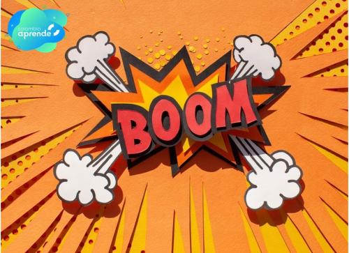 Ilustración estilo cómic con la palabra BOOM en el centro, rodeada de explosiones y líneas de impacto en colores naranja y amarillo.