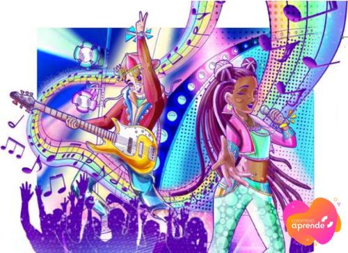 Ilustración colorida de Lira y Bongó en un escenario musical que presenta los derechos conexos de artistas, intérpretes y productores de forma divertida.