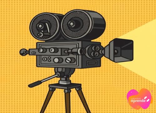 Ilustración estilo comic de una cámara de video negra en el centro, rodeada de color amarillo. 