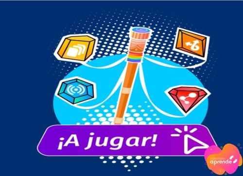 Ilustración de un bastón mágico rodeado de íconos coloridos y un botón morado con el texto “¡A jugar!”, que invita a iniciar una actividad interactiva.