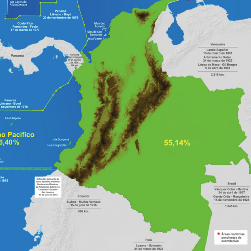 íMapa de Colombia representado de color verde, con sus países vecinos, resaltando la geografía del país, incluyendo sus fronteras y características. 