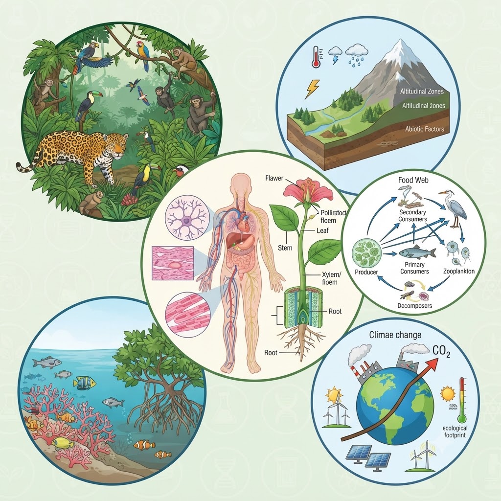 Ilustración cuadrada de ciencias naturales con seis círculos temáticos: selva, montaña, anatomía humana con flor, red trófica, arrecife coralino y cambio climático global.