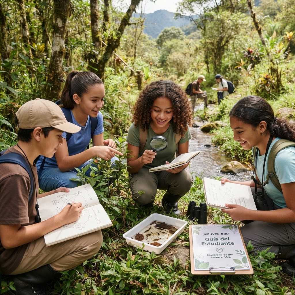 Cuatro jóvenes exploradores estudian la biodiversidad junto a un arroyo en un bosque. Una niña observa con lupa, otra lee, y un niño dibuja en su cuaderno. En primer plano, una charola con muestras de agua y una guía de campo. Al fondo, dos adultos más.