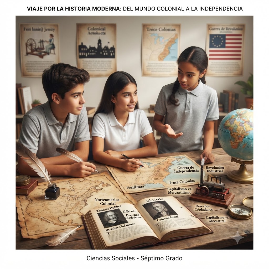 Imagen para Ciencias Sociales 7mo grado. Tres estudiantes rodean una mesa con mapas antiguos, una pluma y un globo terráqueo. Un libro abierto muestra retratos de Hobbes y Locke. Detrás, carteles ilustran la Revolución Industrial, las Trece Colonias y la Guerra de Independencia. Incluye texto explicativo.
