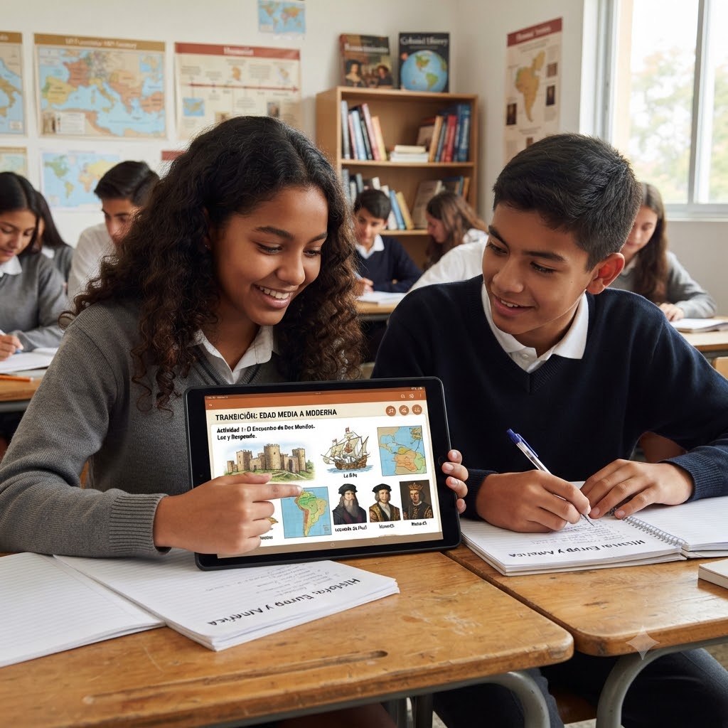 Dos estudiantes de secundaria, una chica y un chico, sonriendo en un aula luminosa. Miran una tablet que muestra ilustraciones de castillos, barcos y mapas, titulada "Transición: Edad Media a Moderna". El chico escribe en un cuaderno. Mapas y estanterías de fondo.