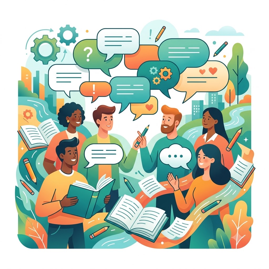 Ilustración colorida de seis personas diversas dialogando. Sostienen libros abiertos y lápices. Sobre ellos flotan burbujas de texto con engranajes, corazones e interrogaciones, representando la comunicación y el aprendizaje, sobre un fondo abstracto con caminos, hojas y edificios.