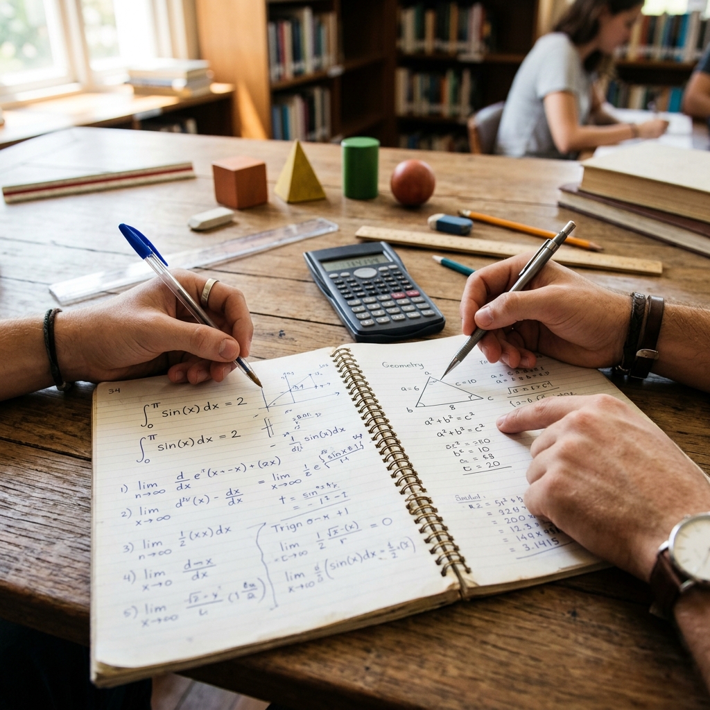 Primer plano de manos de estudiantes colaborando sobre un cuaderno con operaciones de matemáticas y una calculadora. En la mesa hay bloques geométricos, reglas y lápices bajo luz natural.