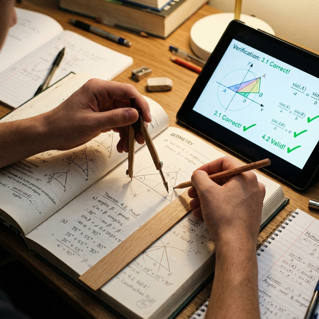Primer plano de manos de estudiante trazando geometría en un cuaderno con regla y compás. Al lado, una tableta muestra gráficas de ecuaciones resueltas.