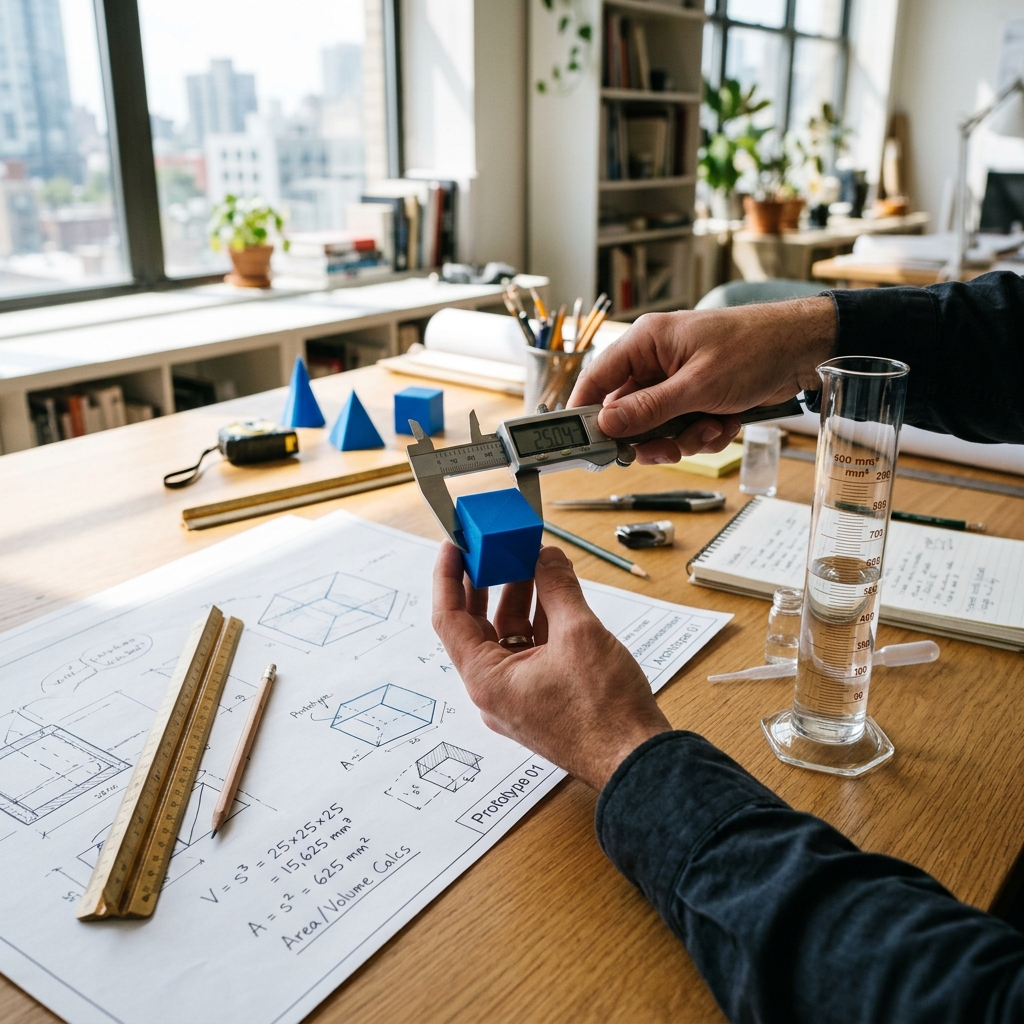 Primer plano de unas manos midiendo un cubo azul con un calibre digital sobre planos de arquitectura. Cerca se observan un cilindro de vidrio con agua y una regla de madera bajo luz natural.